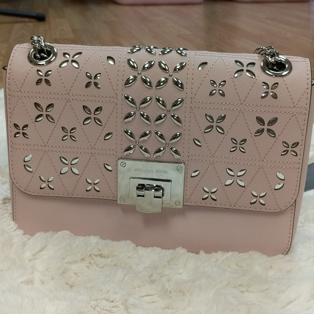 Michael Kors Tina Shoulder Flap Leather Studded Handbag - Picture 13 of 14